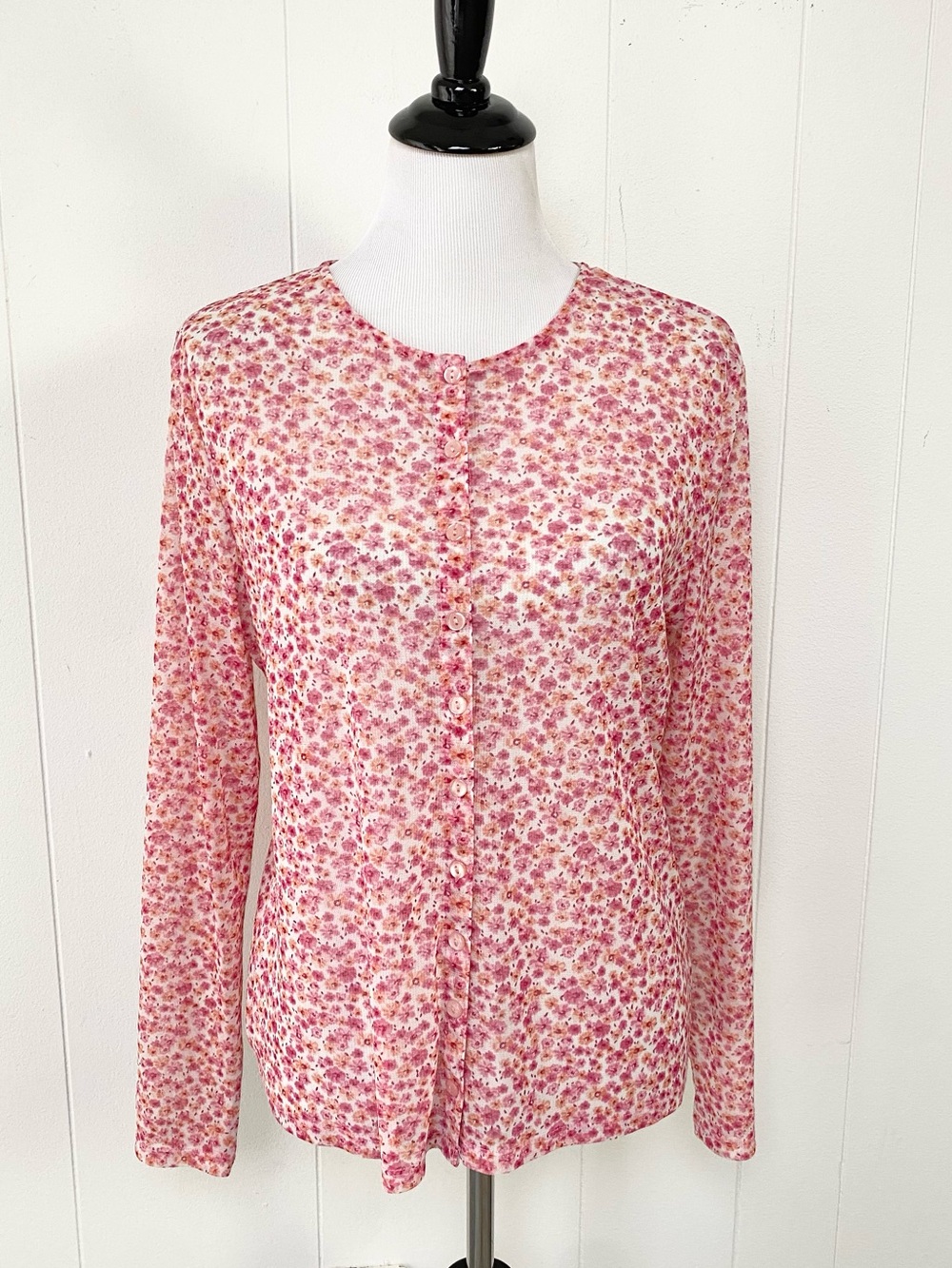 Y2K New York & Company Pink Floral Mesh Sheer Button Front Cardigan Top Large